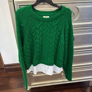 Anthropologie Green Cable Knit Crewneck Sweater with White Hem
